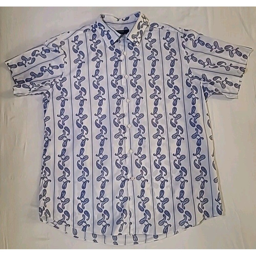 Cremieux Men XL Blue Paisley Geometric Floral Button Up Short Sleeve Party Club